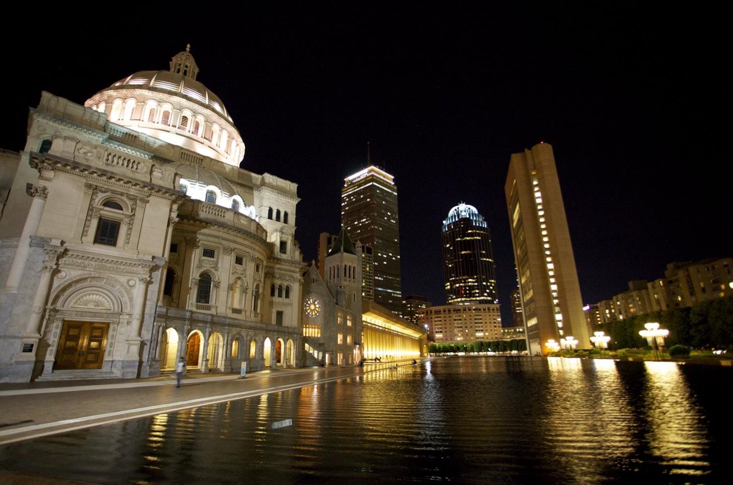 Night still, Boston. Church, pool, towers.